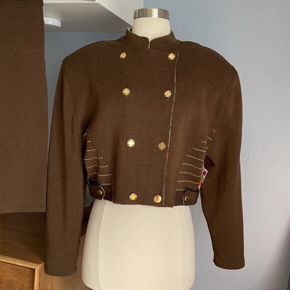 Vtg 80s CHAUMIERE aux TRICOTS Paris Wool Blend Knit Jacket Skirt Suit Brown - Picture 2 of 12